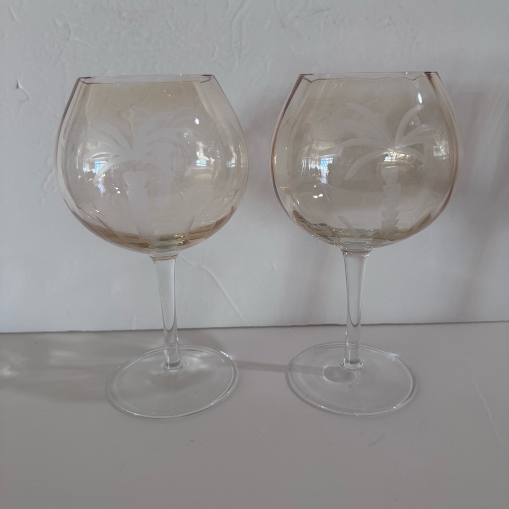 Two Lenox British Colonial Palm Tree Etched Balloon Stemmed Wine Glasses Amber